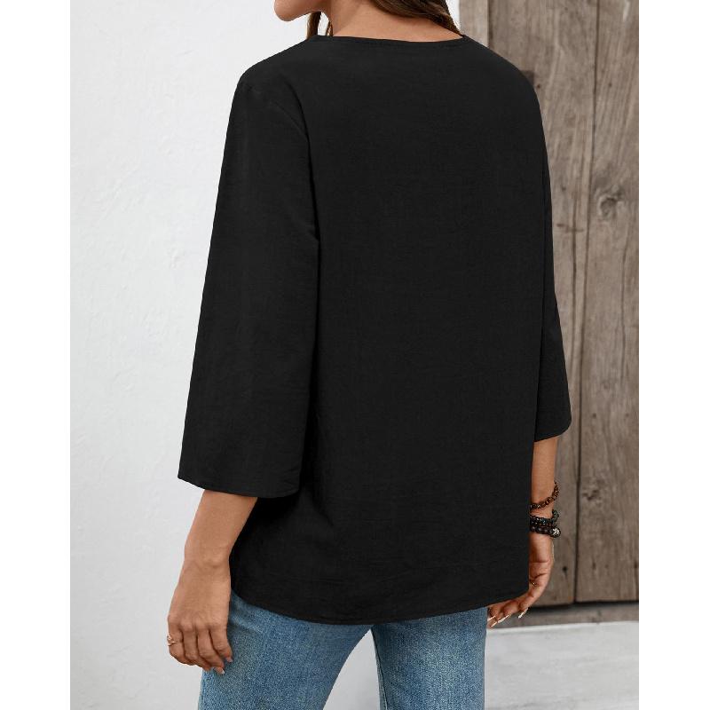 2026 Spring/Summer Bohemian Style Women's Linen Lace Trim V-Neck Three-Quarter Sleeve Casual Blouse