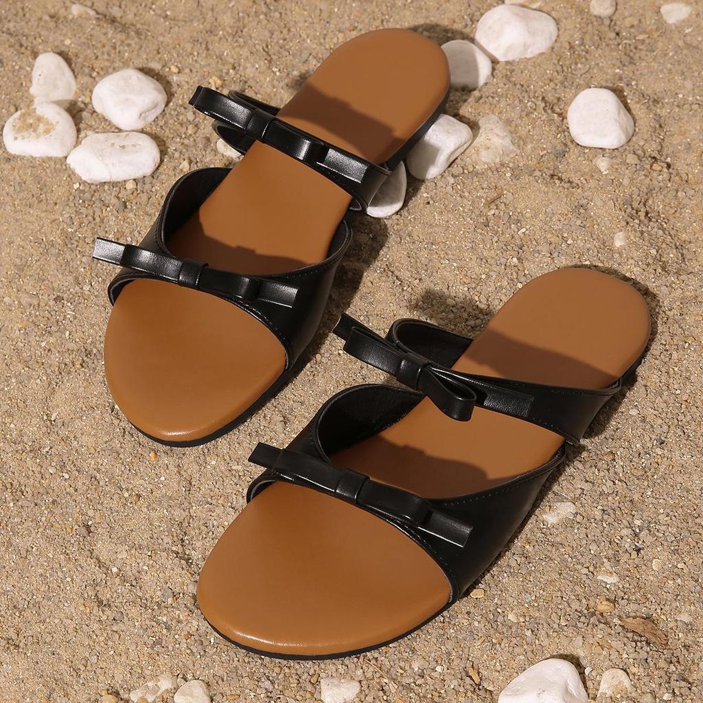 Women's Cross-Strap Bow Flat Mules - Round Toe Beach Slippers, Size 44