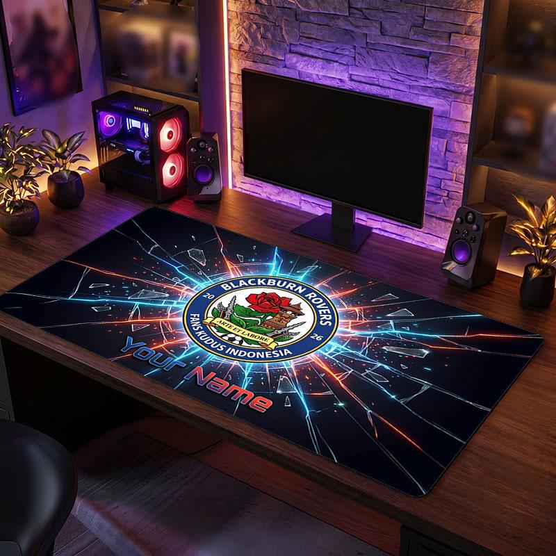 Blackburn Rovers FC Custom Large Mouse Pad, Personalized Name Text Print, Football Logo Non‑Slip Desk Mat Gaming Gift