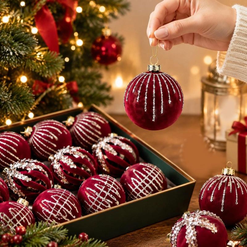 12-Piece Christmas Bauble Set, Soft-Texture Ball Decorations with Decorative Motifs and Top Rings for Holiday Tree Displays