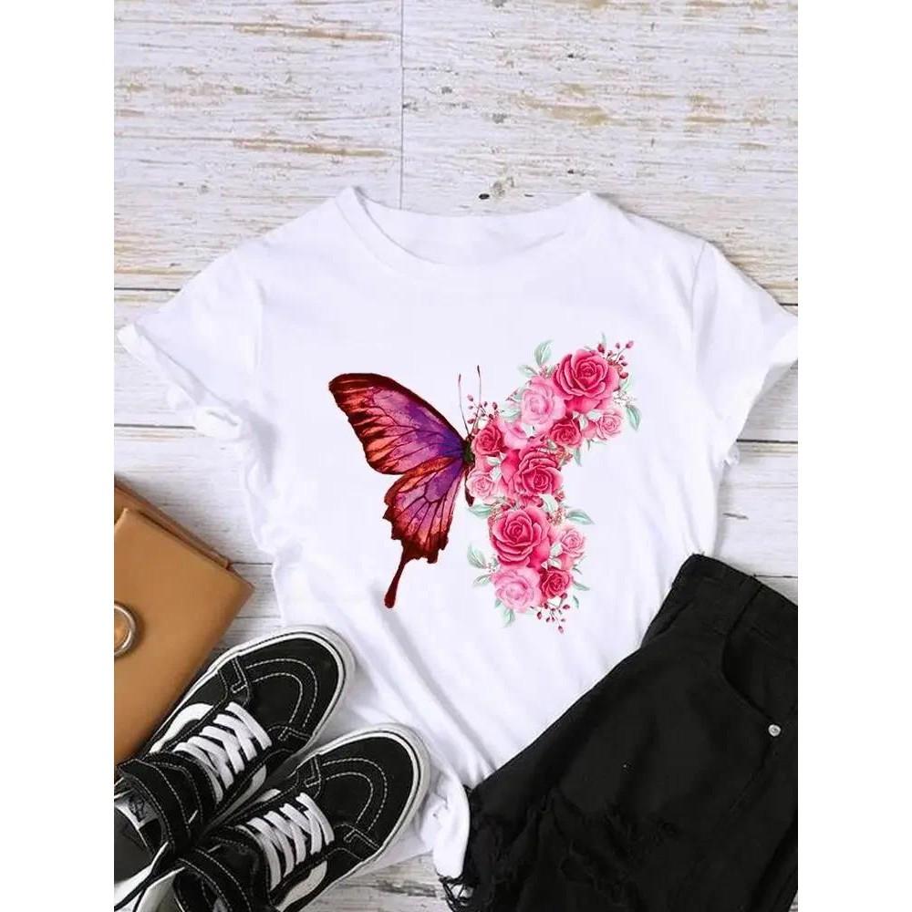 Sleeve Graphic T-shirt Women Top Print Fashion Clothing Watercolor Trend Lady Female Shirt Tee Clothes