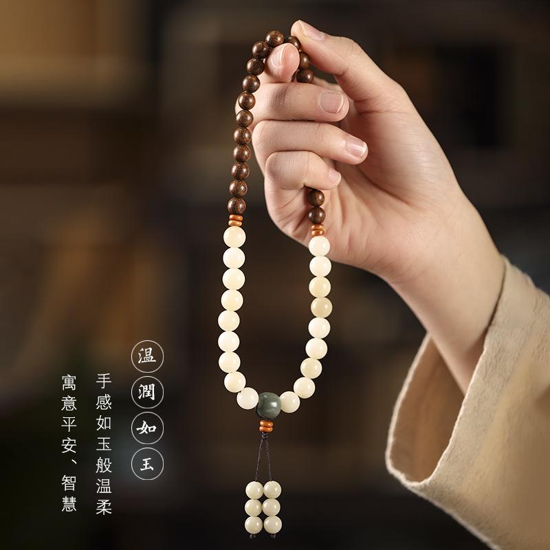 Pure Green Sandalwood/Golden Sandalwood Buddhist Beads with White Jade Bodhi Beads, Chinese Style Fairy-Like Double-Loop Bracelet