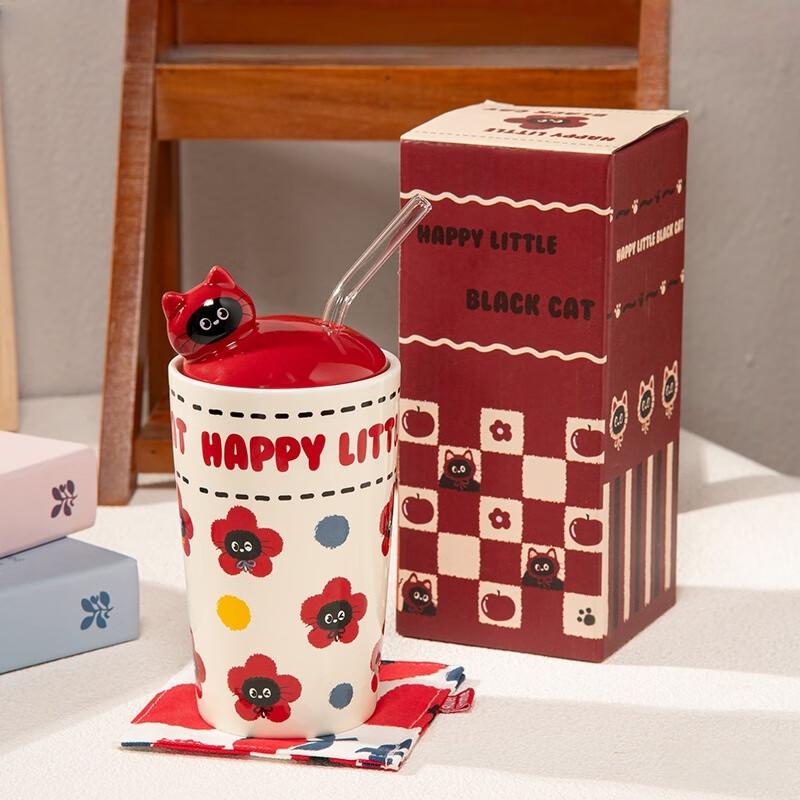 

Cute Cat Ceramic Mug with Straw