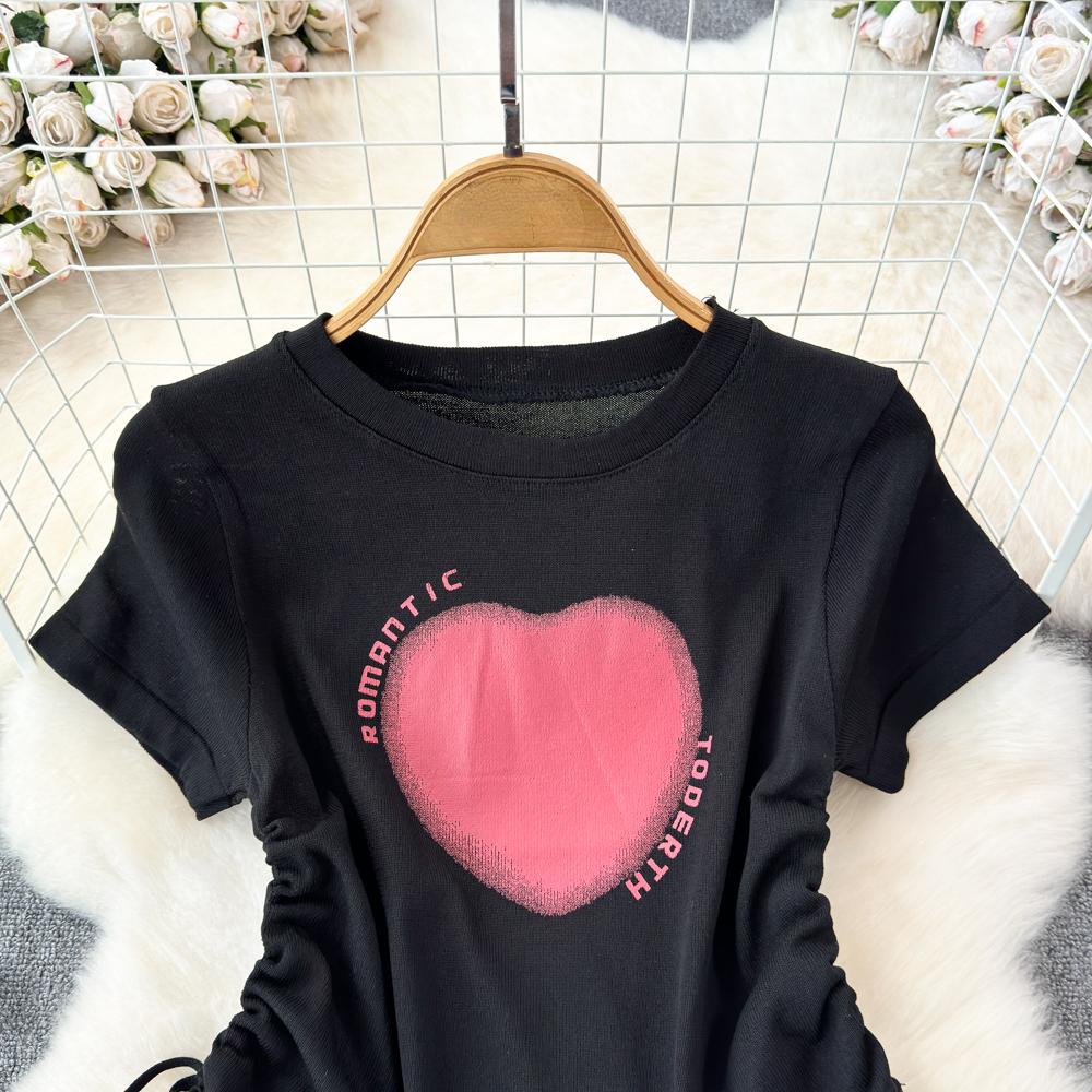 Summer New Heart Design Sweet Tops Spice Girl Round Neck Love Printing Drawstring T-shirt Casual Women Short Sleeve Fashion Blouse