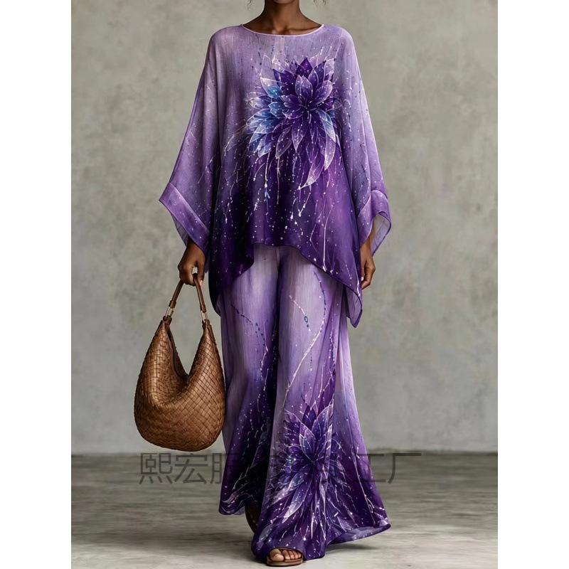 European and American loose bat sleeve top + wide-leg trousers set 1116 European and American women's clothing two-piece set