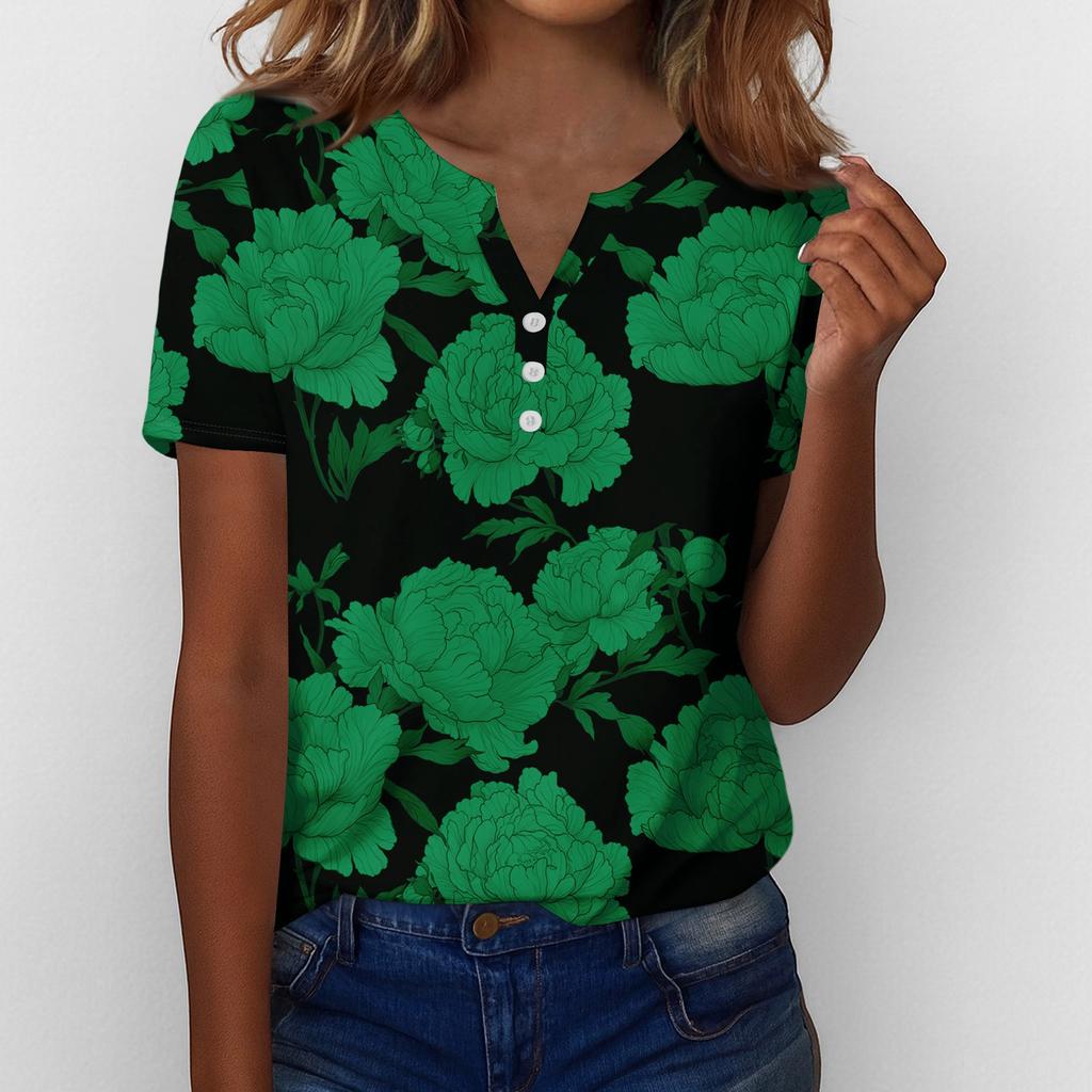 Henley Shirts for Women Womens V Neck Tops Short Sleeve Tops for Women Women Summer Tops Floral Print Casual Blouse