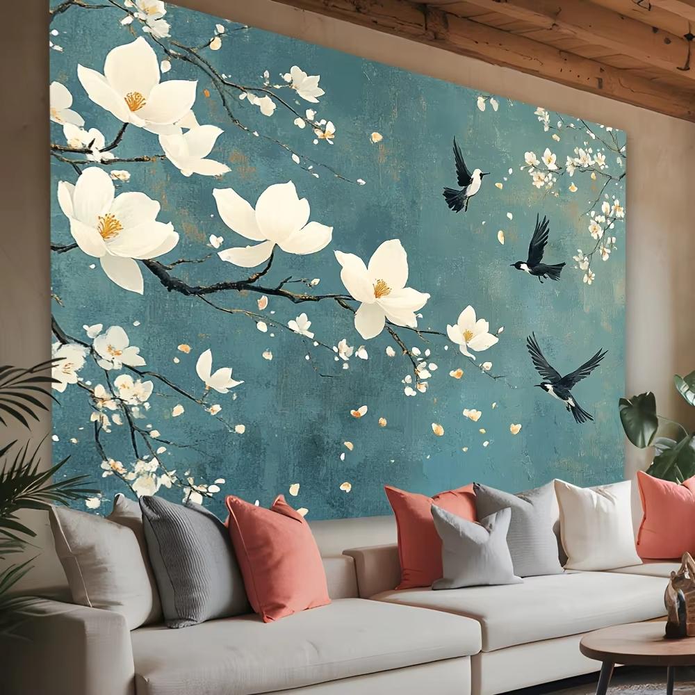 Elegant Magnolia Tapestry Serene White Flowers Blue Background Wall Hanging for Living Room Bedroom Office Decor