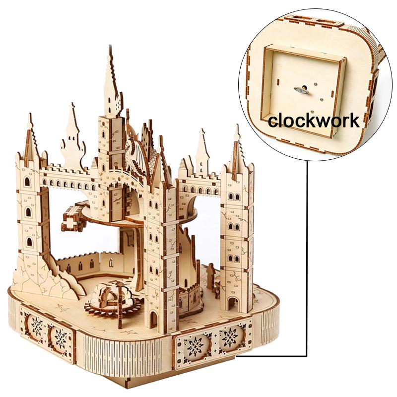 Magic Castle 3D Wooden Puzzle Rotatable Touring Train Music Octave Box DIY Assembly Model Mechanical Kit Toy Gift for Teen Adult