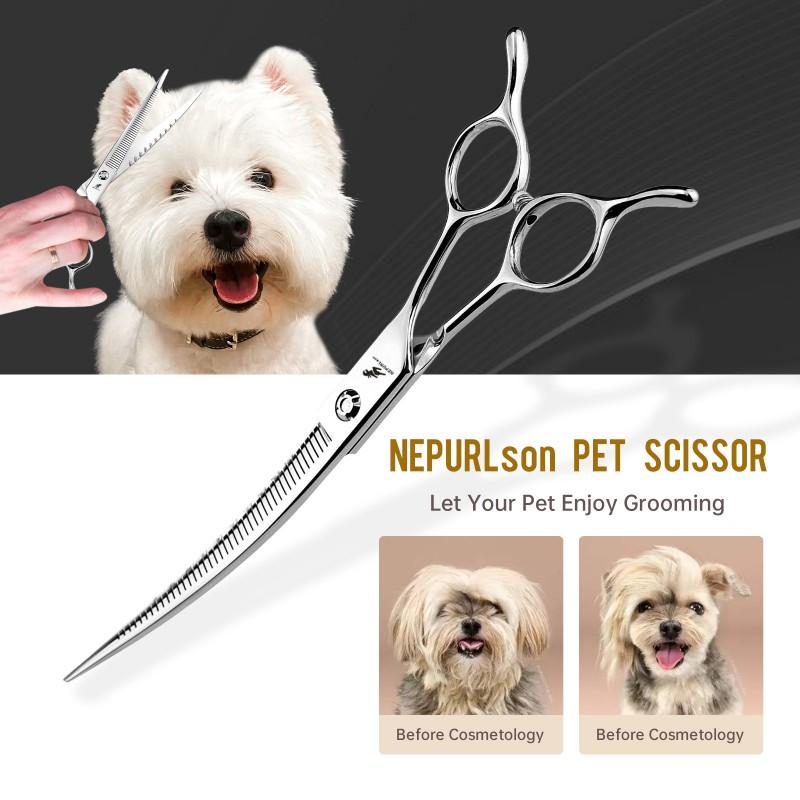 7.5 Inch Curved Pet Grooming Thinning Shears With Natural Teeth Professional Dog Cat Hair Trimming Layering