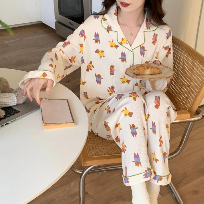 Elegant Sweet Romantic Women's Pajamas Cartoon Print Wrinkled Cloth Sleepwear New Fall Fashion Nightwear