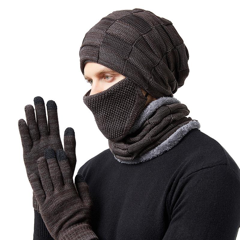 Winter Knitted Scarf Hat Glove Sets for Women Men Skiing Cap Cotton Lining Mask Touch Screen Woolen Gloves Plus Velvet Warm Thicken Beanies