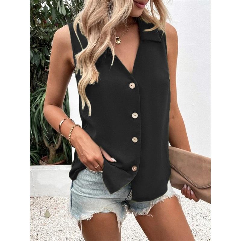 European Summer New Style Women's Blouse Solid Color V Neck Loose Chiffon Shirt Sleeveless Twisted Button Vest Shirt For Women