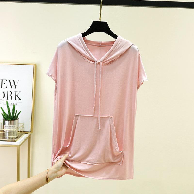 Taglie comode dalla L alla 6XL T-shirt con cappuccio in modal da donna estiva con tasca Magliette casual a maniche corte Fashion Tee Top camicia basic da abbinare a tutto