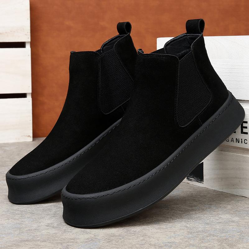 Martin Boots Men's Winter Leather Medium Help Chelsea Boots Velvet Warm Thick Sole Heightening Short Boots Retro Cotton Boots