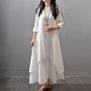 Plus Size Women Maxi Dress Irregular Layered Hem Round Neck Ninth Sleeves with Pockets Loose Beach Dress Solid Color