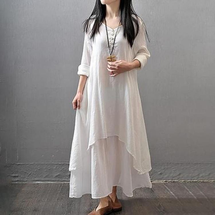 Plus Size Women Maxi Dress Irregular Layered Hem Round Neck Ninth Sleeves with Pockets Loose Beach Dress Solid Color