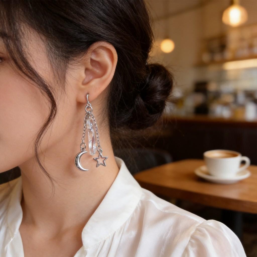 Geometric Water Crystal Moon And Star Earrings With Electroplated Alloy For Fashionable Women