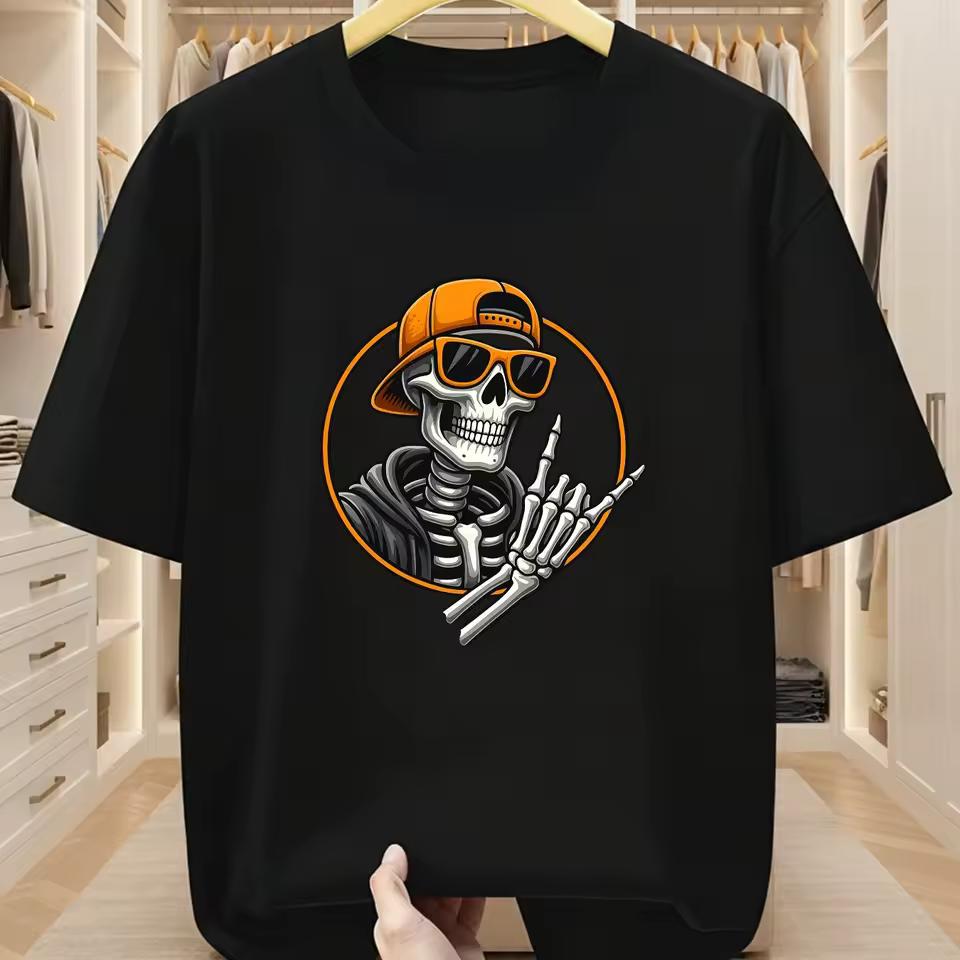 Cool Skate Skeleton with Orange Cap Sunglasses Peace Hand Graphic T-shirt Hip Hop Streetwear Unisex White Cotton Tee