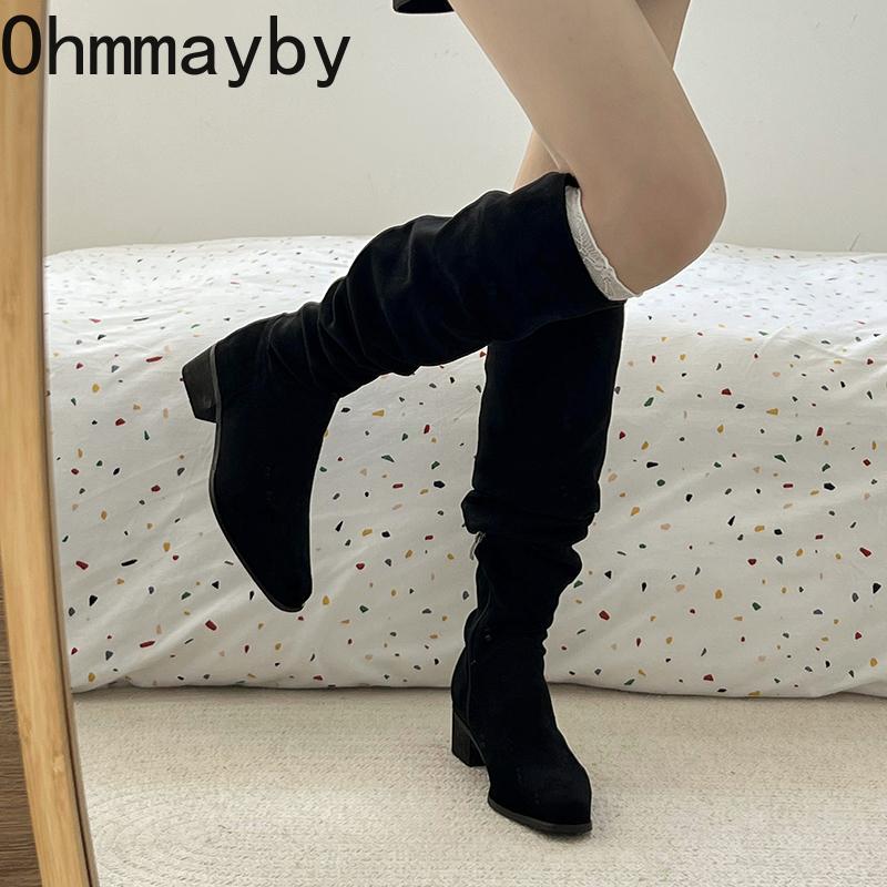 Winter Pleated Women Mordern Long Boots Street Style Thick Heels Party Female Stretch Slim Knee High Shoes