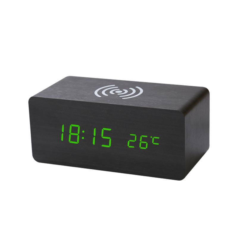 Smart Wooden Desk Clock with Wireless Charging, LED Display, Voice Control, and Silent Alarm