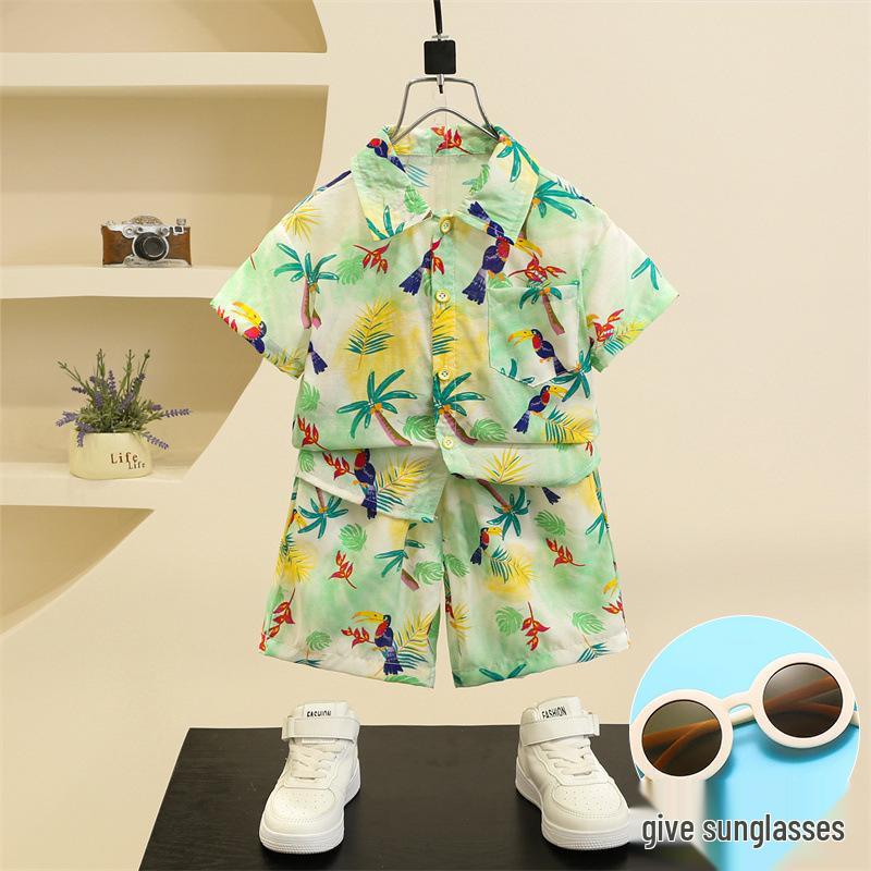 

Комплект рубашки с коротким рукавом и шорт с гавайским цветочным принтом для мальчиков - Идеально подходит для пляжного отдыха и островных приключений 100cm