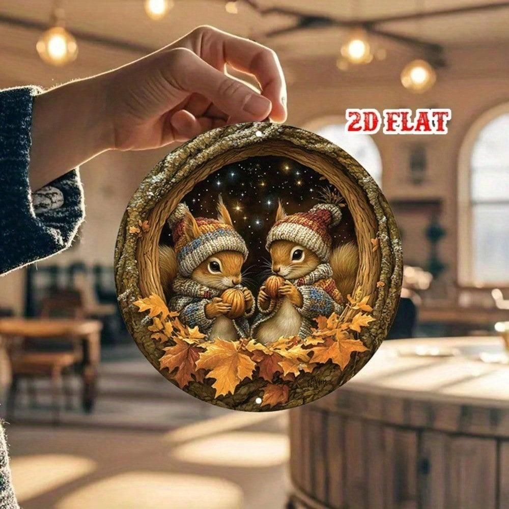[Upgraded 2D Flat] 1pc Round Aluminum Sign Winter Squirrel Nut Rustic Metal Wall Art Home Decor 7.87x7.87 Inch