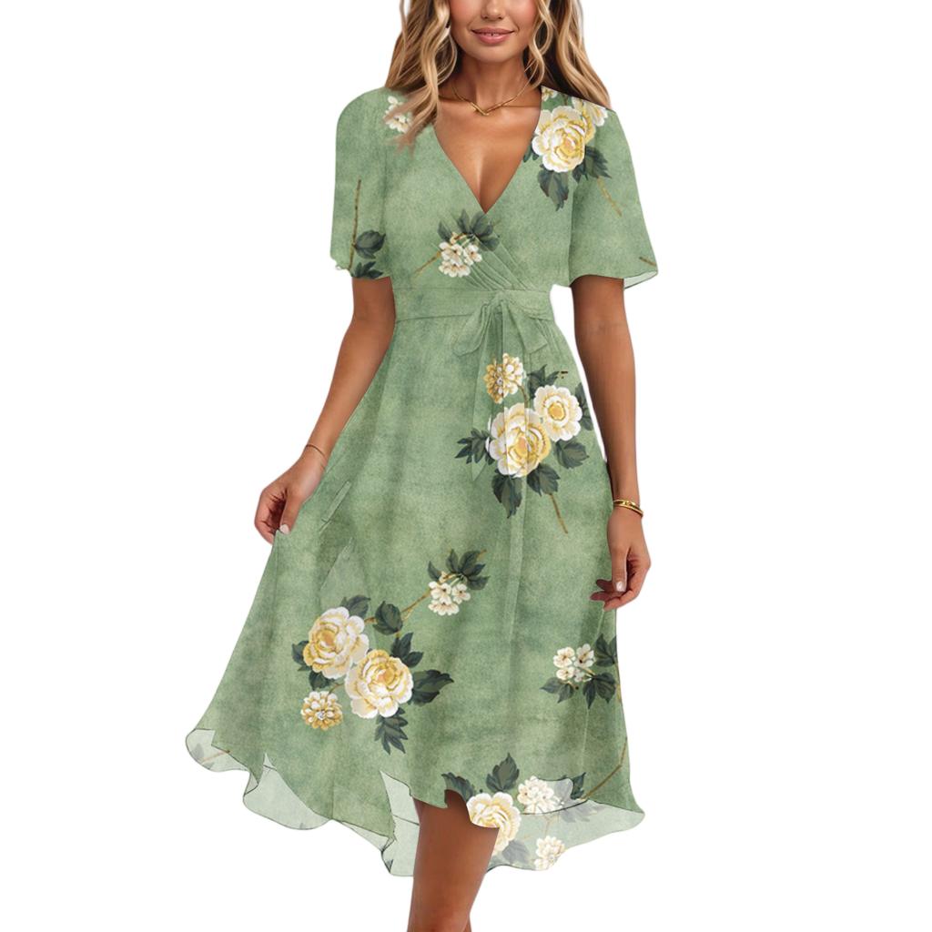 Women's Fashion Casual V Neck Short Sleeve Ruffled Vintage Printed Dresses
