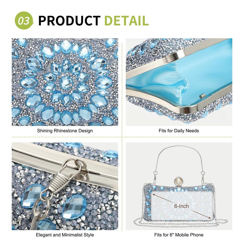 uxcell Women's Evening Bag, Sparkling Crystal Rhinestone Clutch Bag with Two Chain Straps, Light Blue, for Weddings, Evenings, and Weekends