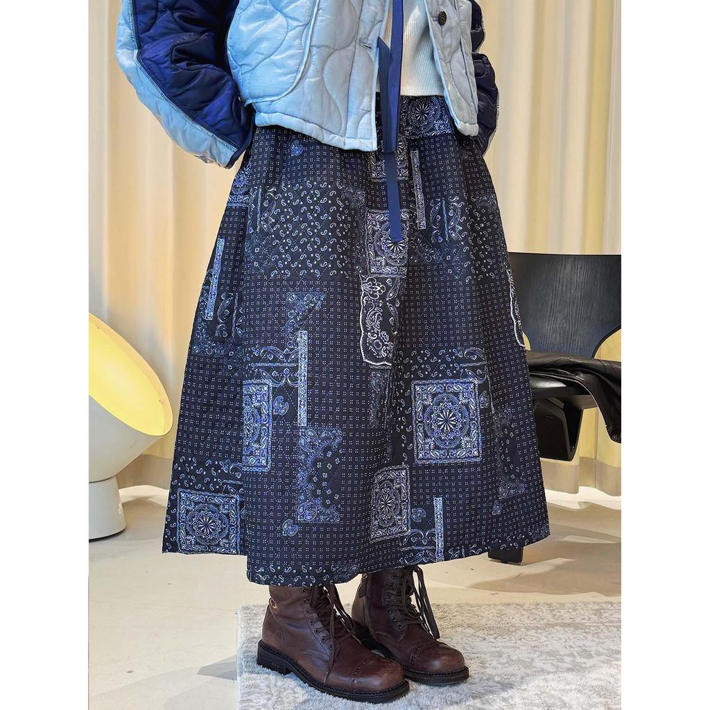 Louvre Winter Japanese Retro Paisley Patchwork Elastic Waist Long Skirt for Women
