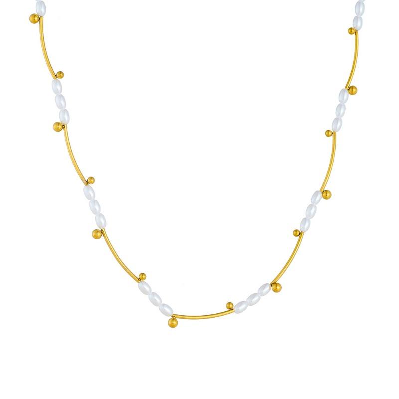 Gold Plated Freshwater Pearl Choker Necklace, Dainty Bar Chain with Rice Pearl & Bead Pendants, Elegant Jewelry for Women Gift