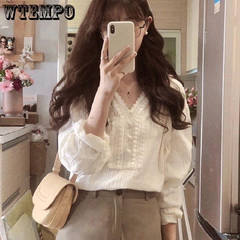 French Autumn Long Sleeved Shirt Loose Lace Top Thin Shirt for Women