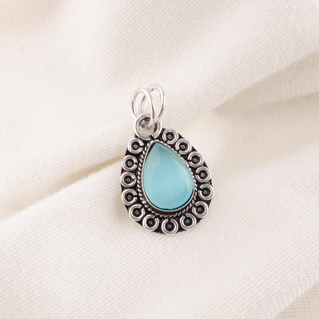 Blue Cat's Eye Gemstone Jewelry, 925 Solid Sterling Silver Pendant, Handmade Wonderful Silver Pendant, Gift For Her
