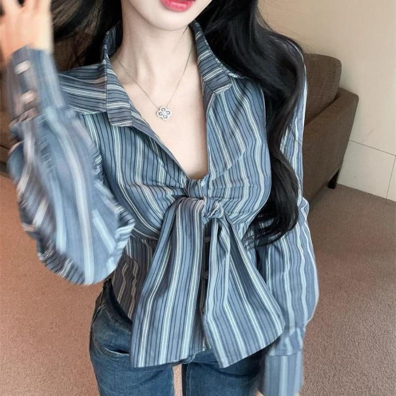 

Женская приталенная полосатая рубашка, облегающая, сексуальная, с отложным воротником, с длинным рукавом, короткая, женская однобортная рубашка S синий