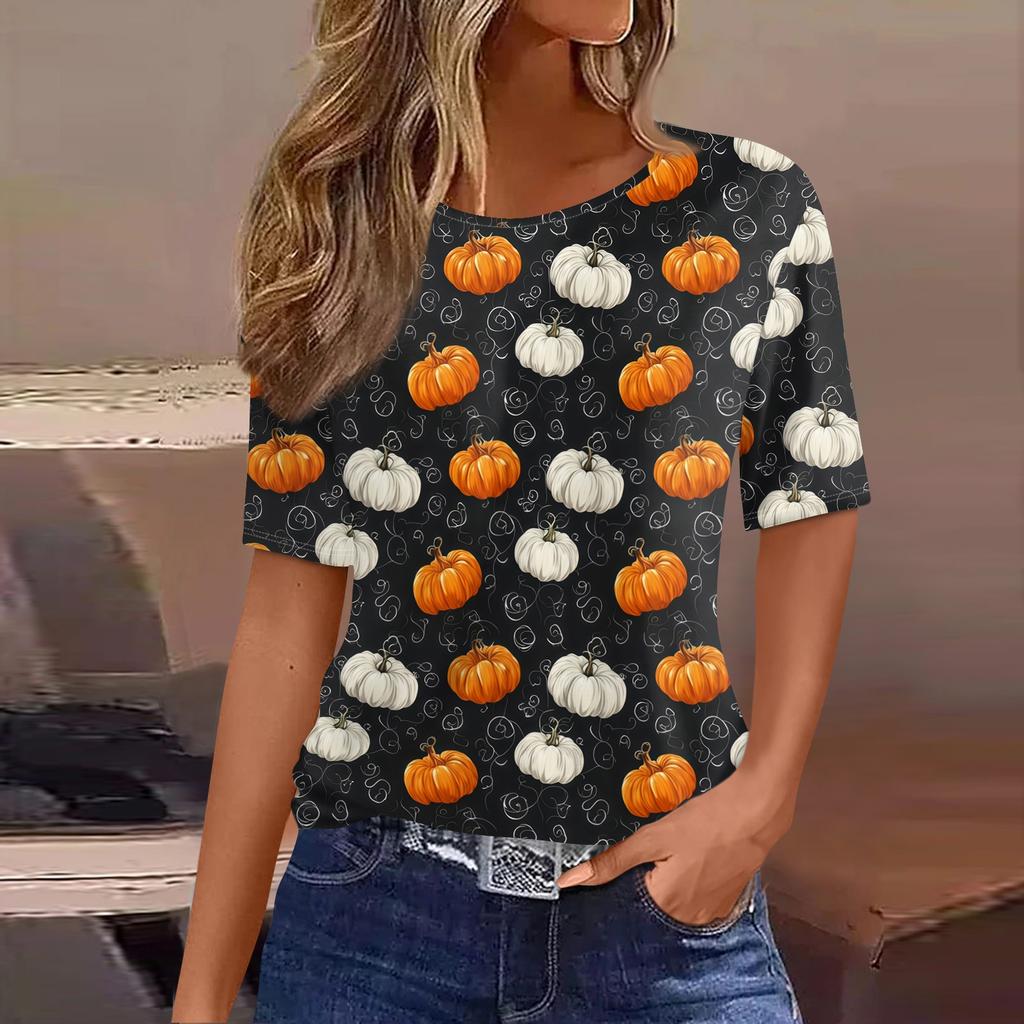 Women's Short Sleeve Halloween and Pumpkin Print T-Shirt, Casual Round Neck Pullover Top for Women