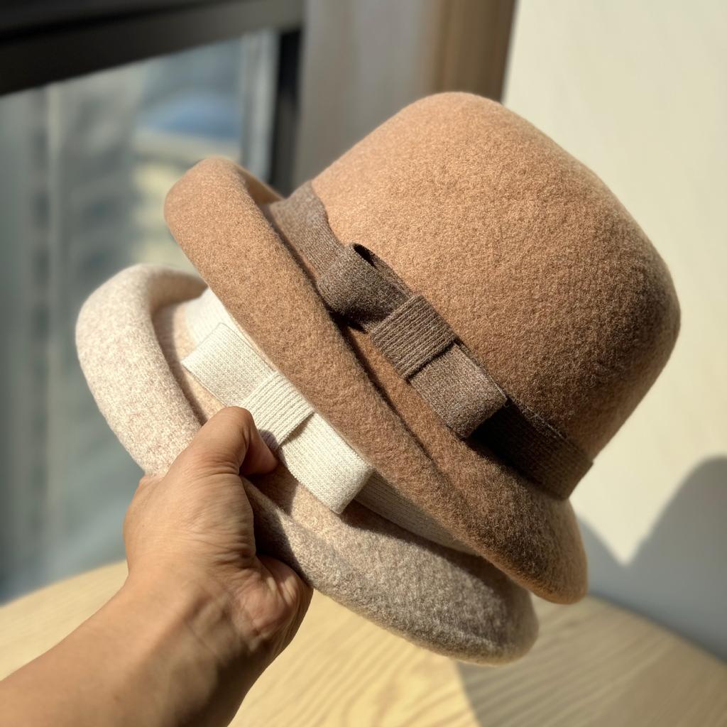 French High End Curled Woolen Mother's Hat for Women Retro Bow Fisherman Hat Autumn and Winter Rich Style Hat