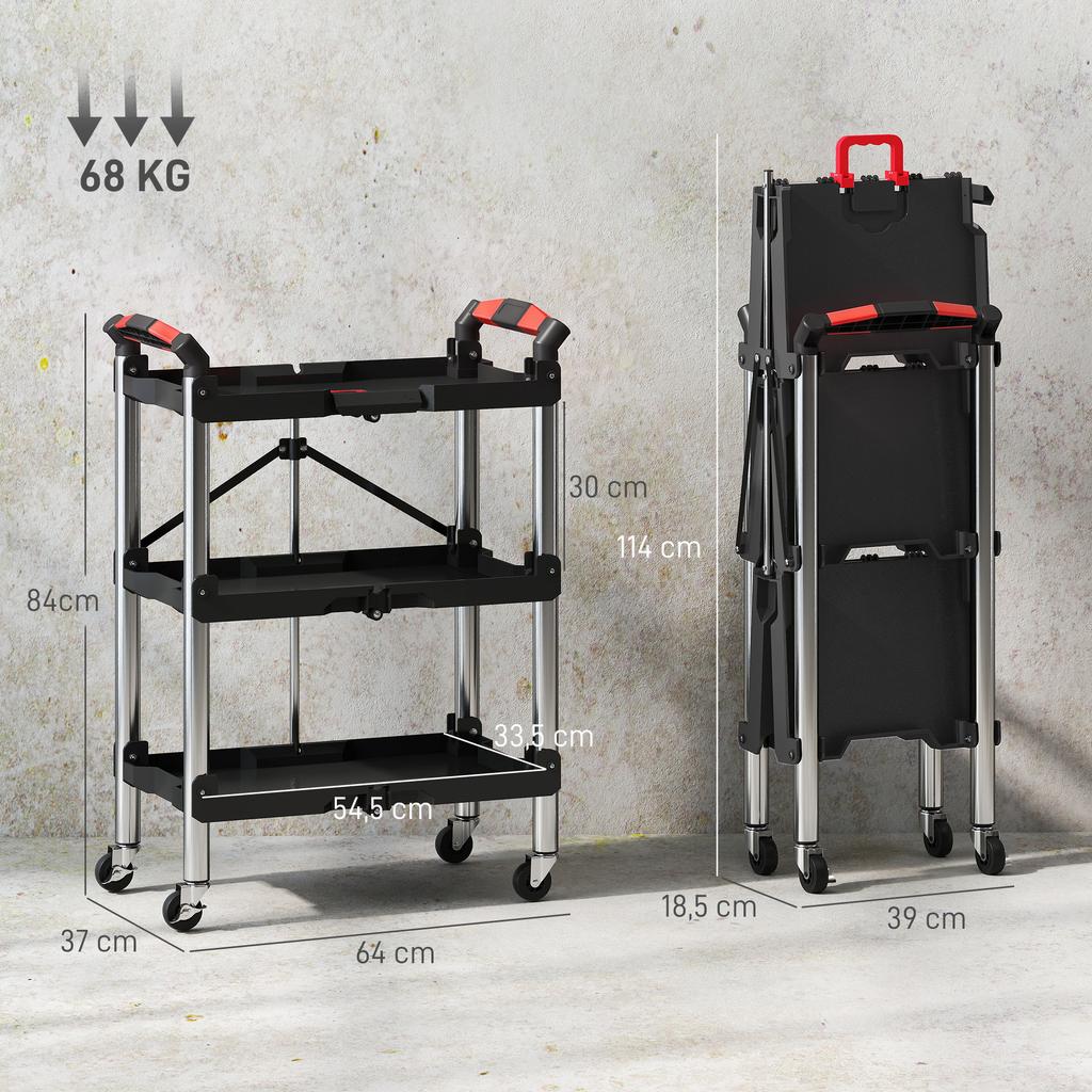 Foldable 3 Tier Tool Trolley Plastic Steel Black