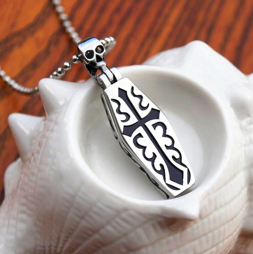 Men's Punk Cross Coffin Titanium Steel Chain Pendant Necklace