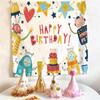 Cartoon Robot Happy Birthday Tapestry, Birthday Party Aesthetic Wall Hanging for Bedroom Living Room Decor