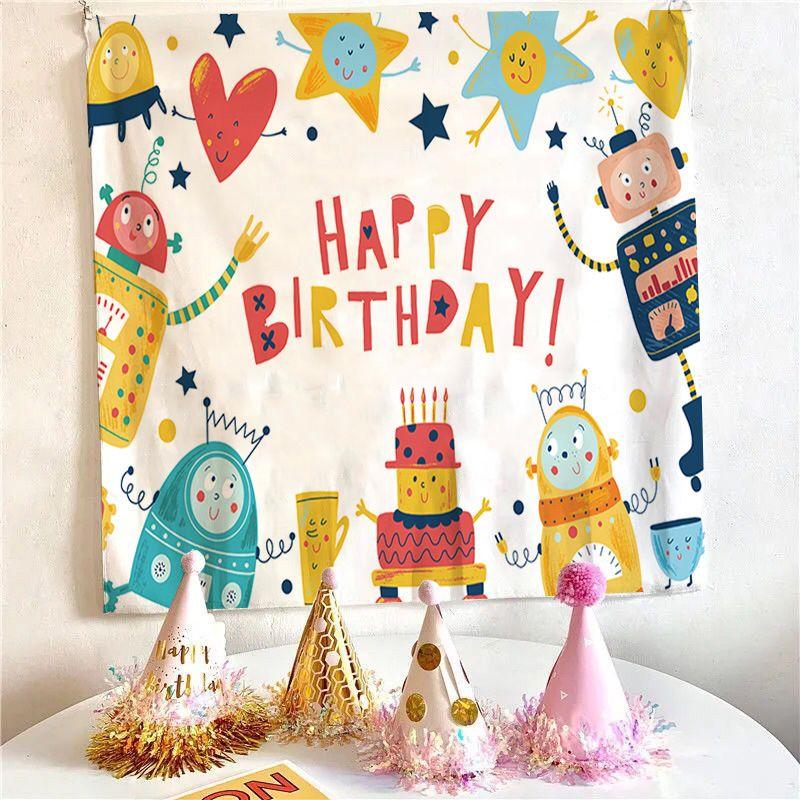 Cartoon Robot Happy Birthday Tapestry, Birthday Party Aesthetic Wall Hanging for Bedroom Living Room Decor