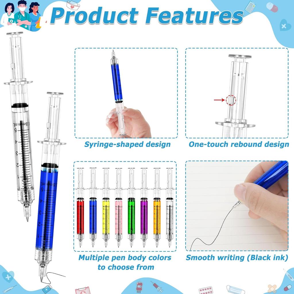 24Pcs Syringe Pen, Multi-Color Retractable Fun Nurses Week Gifts Bulk, Black Ink Novelty Pens Set, Nurse Accessories for Work and Nursing School