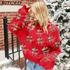 BITCED Women's Red Christmas Sweater with Deer Jacquard Pattern Relaxed Fit, Cute Long-Sleeved Pullover Knit