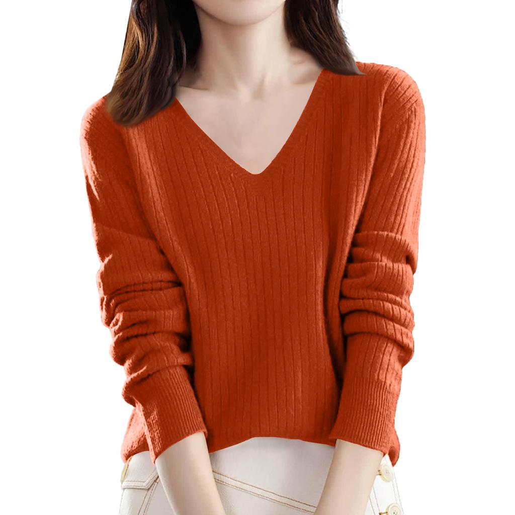 Women's Loose-Fit Knitted Base Layer Sweater V-Neck Pullover Long Sleeves Solid Colour