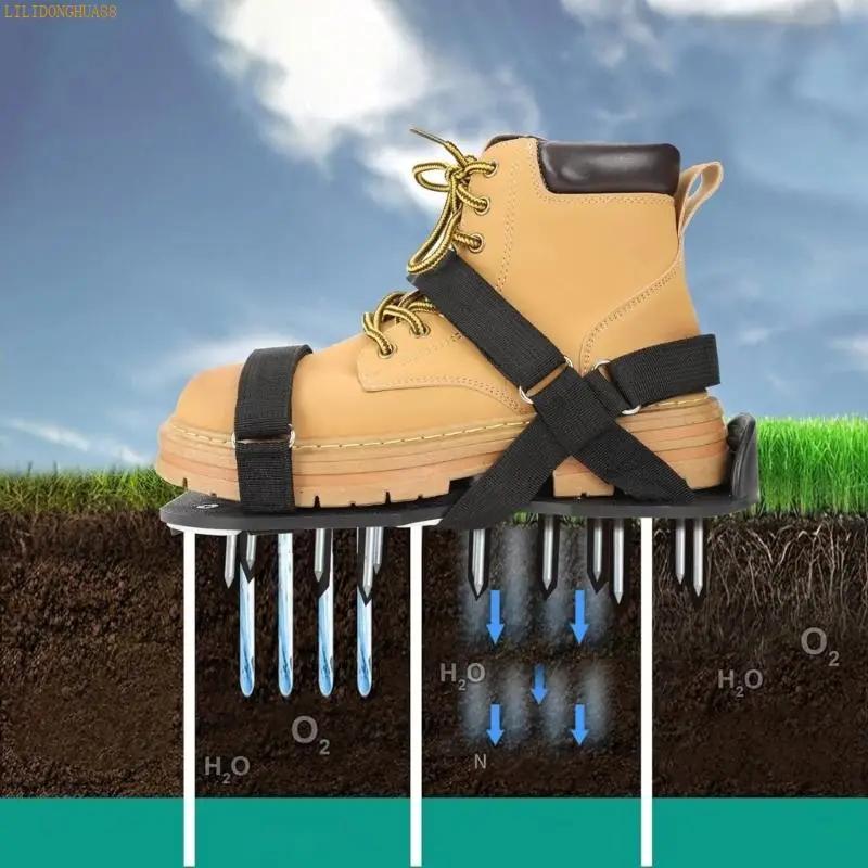 K1AE Lawn Aerator Shoe Metal Spiked Aerator Sandals For Rock Soil And Lawn Exercise With Adjustable Straps