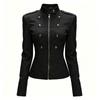 Women Stand Collar Fitted Short Jacket Zip Up Decorative Button Outerwear