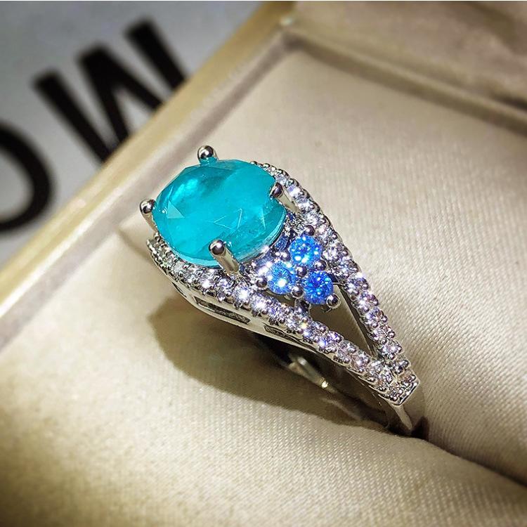 New High Quality Paraiba Rings Fashion Retro Blue Zircon Womens Ring Engagement Ring