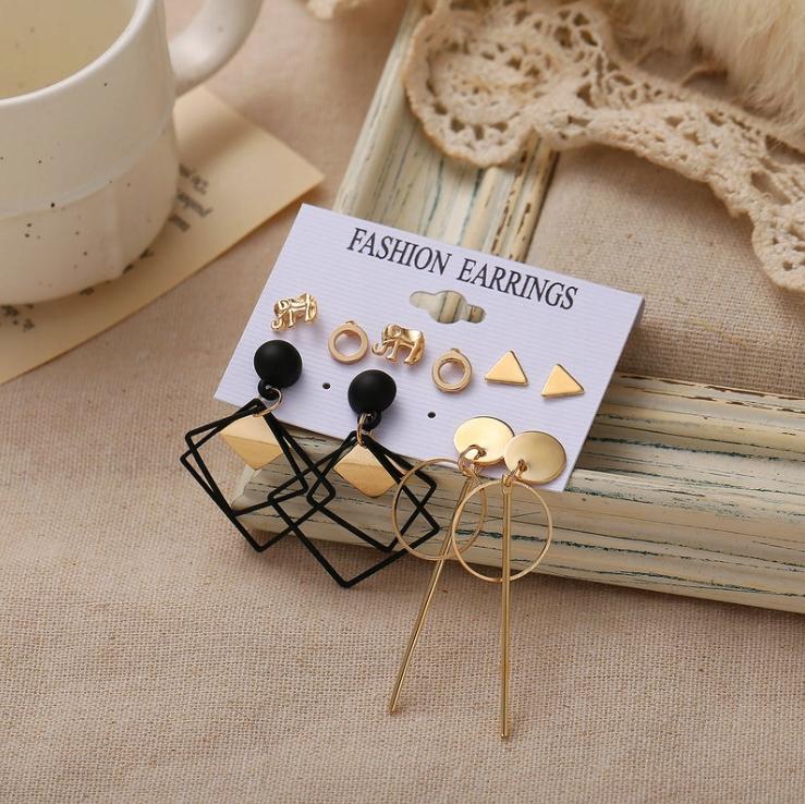 Set of 6 Pairs of Hoop Stud Earrings In Gold Square Elephants