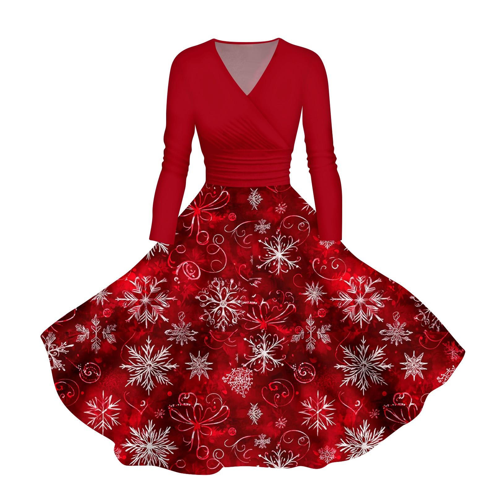 

Женское повседневное и модное печатное сексуальное платье с длинными рукавами и V-образным вырезом, сексуальное рождественское платье L красный