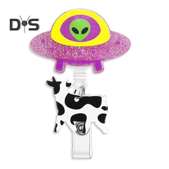 

Забавный держатель для бейджа с катушкой, легко вытягиваемая пряжка, дизайн в виде инопланетной коровы, вращающийся на 360 градусов, выдвижной зажим для удостоверения личности, поднимающий настроение розовый