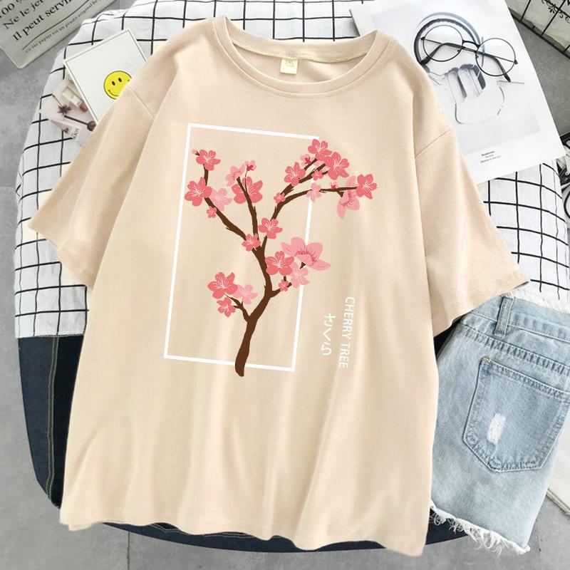 Cherry Tree In Full Bloom Printing Female Tshirt Street Breathable T Shirt Soft Fashion Short Sleeve Oversized Sport T Shirts