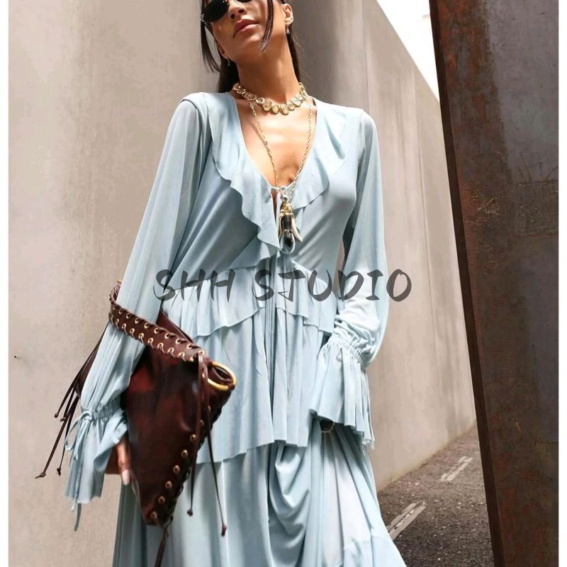 Summer New Product Women's Clothes Laminated Decoration V Neck Long Sleeves Ruffle Top + Long Midi Skirt Skirt Suit